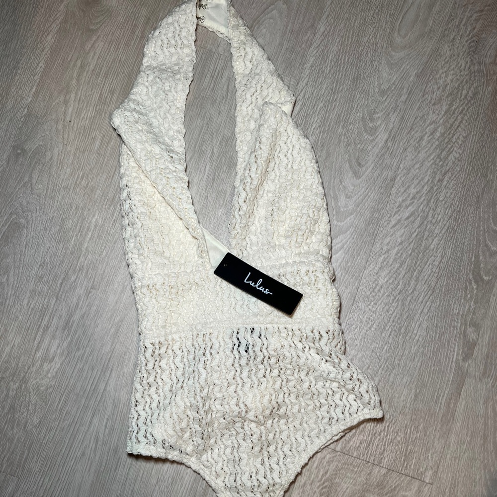 LULU’s Cream Knit Textured Cutout Lace-Up Halter Bodysuit